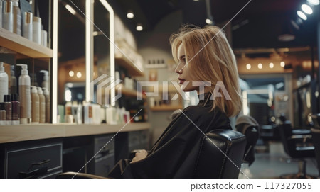 Smiling Woman with Fresh Haircut in a Salon 117327055