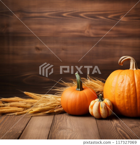 Autumn Scene with Pumpkins and Corn on Wooden Background 117327069