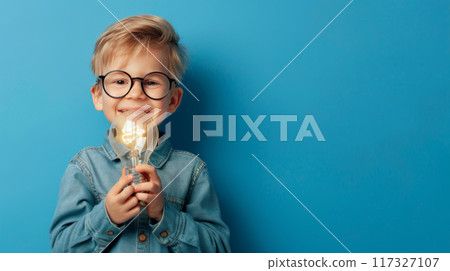 Curious Child Holding Light Bulb 117327107