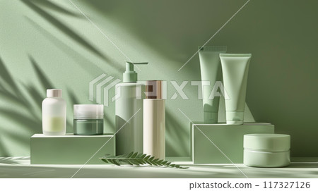 Minimalist Green Skincare Bottles in Natural Light 117327126