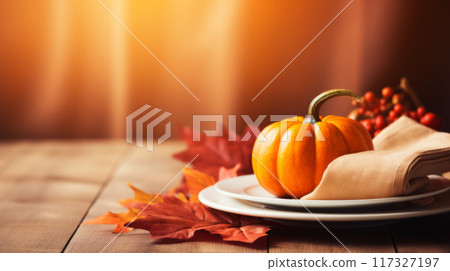 Autumn Pumpkins with Leaves and Berries 117327197