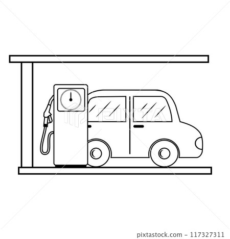 Refueling a car at a gas station - vector illustration, black outline, isolated design of filling a car with gasoline Refueling a car at a gas station - vector illustration, black outline, isolated design of filling a car with gasoline 117327311