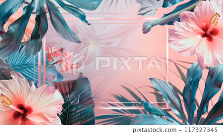 Tropical Leaves and Pink Flowers Frame on Pink Background 117327345