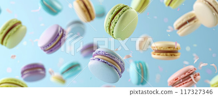 Vibrant Macarons in Mid-Air with Soft Focus Background banner 117327346