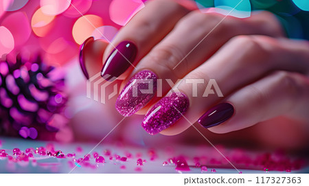 Glittery Pink Manicure with Bokeh Effect Glittery Pink Manicure with Bokeh Effect 117327363
