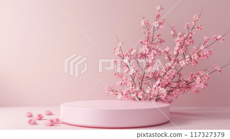 Pink Floral Podium with Cherry Blossom Branches 117327379