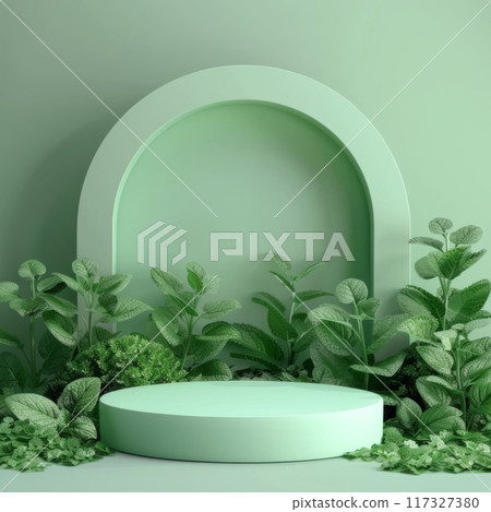 Minimalist Green Podium with Lush Foliage 117327380