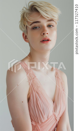 Young Transgender Teen in Elegant Pink Dress Young Transgender Teen in Elegant Pink Dress 117327410