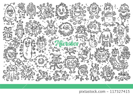 Microbes and bacteria inhabit human body and carry dangerous diseases. Hand drawn doodle Microbes and bacteria inhabit human body and carry dangerous diseases. Hand drawn doodle 117327415