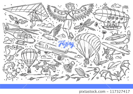 Flying background with airplanes and helicopter or hang glider moving in sky. Hand drawn doodle Flying background with airplanes and helicopter or hang glider moving in sky. Hand drawn doodle 117327417