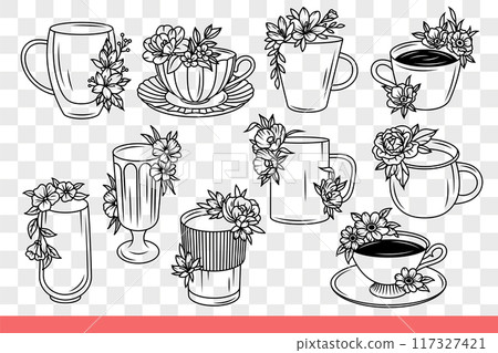 Cups and mugs for hot drinks and delicious tea or coffee during break. Hand drawn 117327421