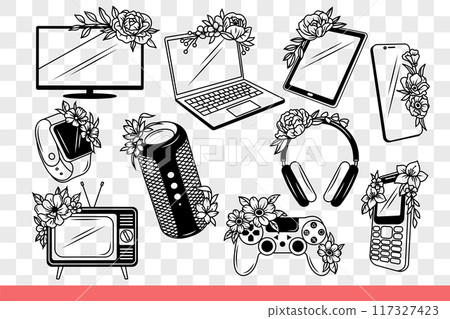 Electronic technology devices and gadgets decorated with flowers. Hand drawn doodle 117327423