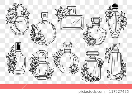 Luxury perfume bottles are decorated with flowers symbolizing natural aroma. Hand drawn doodle Luxury perfume bottles are decorated with flowers symbolizing natural aroma. Hand drawn doodle 117327425