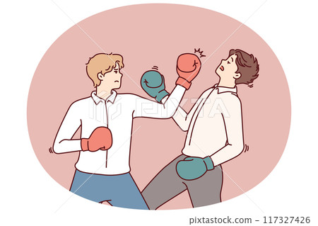 Determined business man in boxing gloves strikes opponent in face, symbolizing fierce competition 117327426