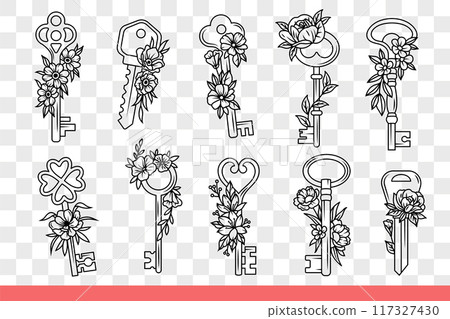 Modern and retro style door padlock keys are decorated with flowers. Hand drawn doodle 117327430