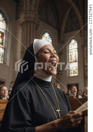 Nun is passionately singing a hymn during a church service Nun is passionately singing a hymn during a church service 117327843