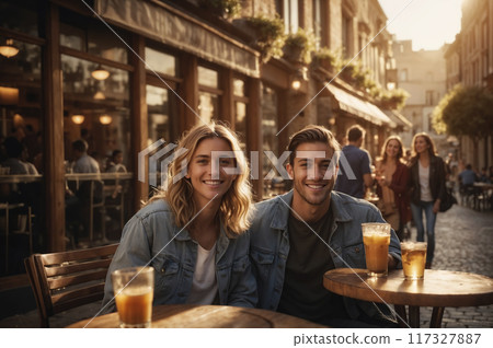 Young couple smiling while having drinks at cafe 117327887