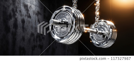Silver dumbbell hanging from a silver chain on black background 117327987