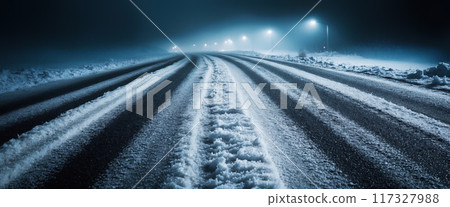 Empty snowy road illuminated by street lights on a cold winter night with copy space 117327988