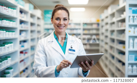 Pharmacist smiling and using digital tablet in pharmacy with copy space 117328007