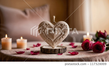 Romantic atmosphere with heart decoration and candles for Valentine's day banner 117328009