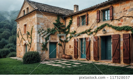 Beautiful stone house with climbing plants, perfect for advertising or banner with copy space available 117328037