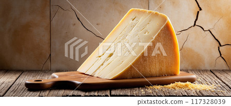 Large piece of hard cheese resting on wooden cutting board Large piece of hard cheese resting on wooden cutting board 117328039