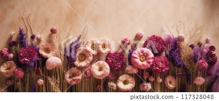 Beautiful pink and purple dried flowers banner with copy space 117328048