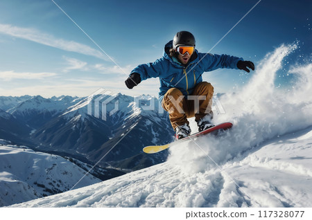 Snowboarder jumping on mountain with scenic view 117328077