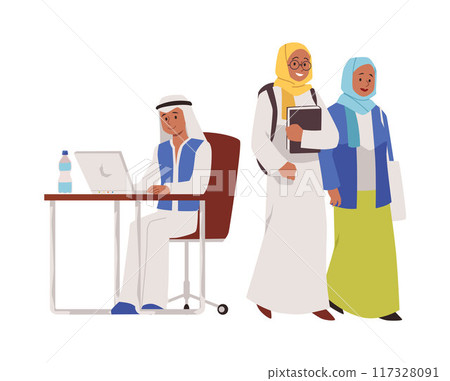 Vector illustration college students of a young Muslim man and a student in a hijab Vector illustration college students of a young Muslim man and a student in a hijab 117328091