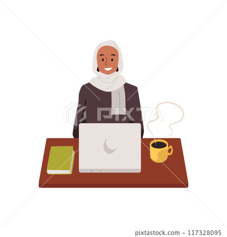 Muslim business woman studying or working on laptop, vector Arabic girl in hijab and abaya, student or manager at office 117328095