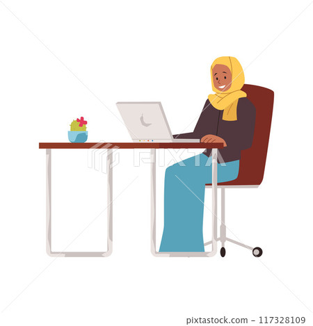 A vector illustration showing a Muslim girl in a hijab using laptops for educational purposes 117328109
