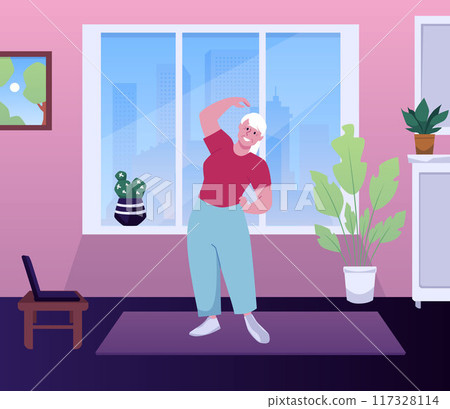 Senior woman doing gymnastics exercises at home, vector active elderly grandmother training with laptop, healthy sport Senior woman doing gymnastics exercises at home, vector active elderly grandmother training with laptop, healthy sport 117328114