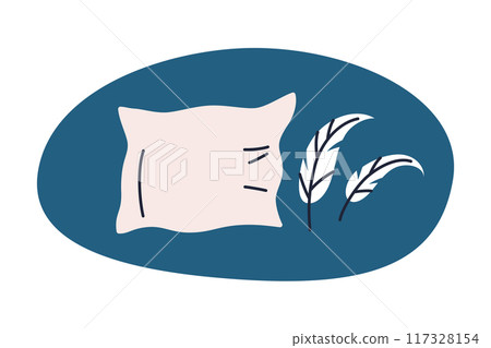 Feather pillow vector illustration. Soft, fluffy cushion with feathers, cozy and comfortable for restful sleep. Flat cartoon style icon, doodle for sleep hygiene, wellness, self care concepts, natural 117328154