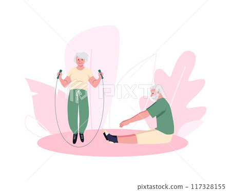 Senior woman training with jump rope, vector active retired male character doing gymnastics exercises, healthy sport 117328155