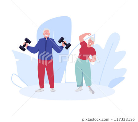 illustrative illustration of elderly characters doing exercises with and without dumbbells on a white background illustrative illustration of elderly characters doing exercises with and without dumbbells on a white background 117328156