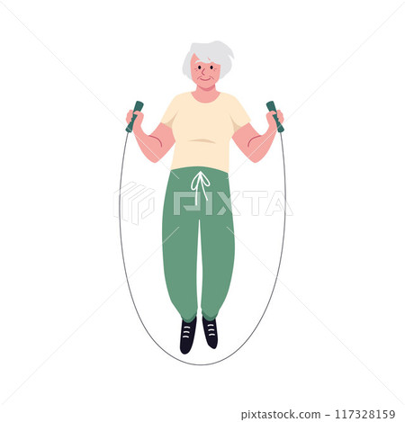 Senior woman training with jump rope, vector active retired character doing gymnastics exercises healthy sport lifestyle Senior woman training with jump rope, vector active retired character doing gymnastics exercises healthy sport lifestyle 117328159