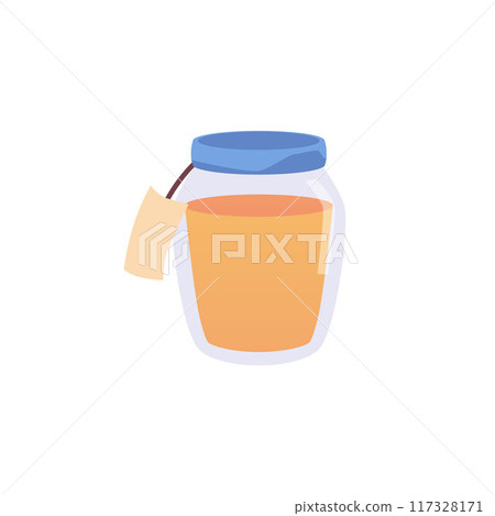 Honey glass jar food vector icon, natural sweets in pot with cloth blue cap and rope with tag, healthy organic dessert Honey glass jar food vector icon, natural sweets in pot with cloth blue cap and rope with tag, healthy organic dessert 117328171