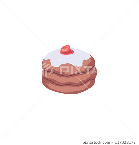Vector illustration of a traditional Hanukkah dessert sufganiya donut with red jelly in powdered sugar Vector illustration of a traditional Hanukkah dessert sufganiya donut with red jelly in powdered sugar 117328172