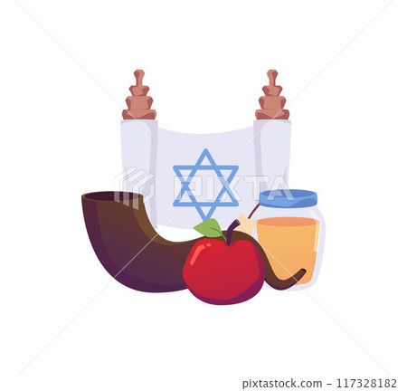 Set of Yom Kippur elements with honey, apple, horn and scroll. Set of Yom Kippur elements with honey, apple, horn and scroll. 117328182