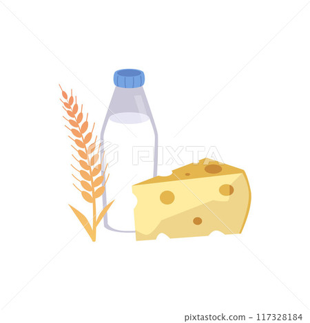Happy Shavuot with cheese, wheat ears and bottle of milk, vector flat symbolic foods of Shavuot Jewish holiday isolated Happy Shavuot with cheese, wheat ears and bottle of milk, vector flat symbolic foods of Shavuot Jewish holiday isolated 117328184