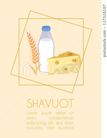 Happy Shavuot with cheese, wheat ears and bottle of milk, vector symbolic foods of Shavuot Jewish holiday greeting card Happy Shavuot with cheese, wheat ears and bottle of milk, vector symbolic foods of Shavuot Jewish holiday greeting card 117328187