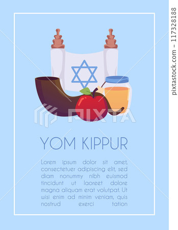 Yom Kippur greeting card with scroll with David star, apple, honey and horn, Day of Atonement in Judaism vector poster 117328188