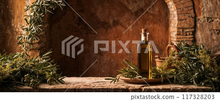 Bottle of olive oil standing on rustic stone with olive branches and copy space 117328203