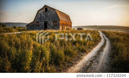Dirt road leading to old barn in countryside at sunset with copy space Dirt road leading to old barn in countryside at sunset with copy space 117328204