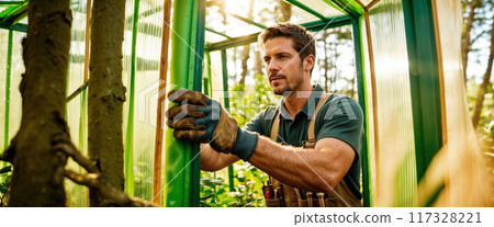 Gardener assembling greenhouse structure in garden center 117328221