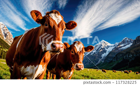 Two brown and white cows grazing with snowy mountain background 117328225