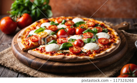 Delicious pizza margherita being served on wooden board which is perfect for your next advertising campaign 117328268