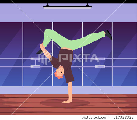 Break dancer boy showing dynamic pose stands on one hand, vector cartoon hip hop dance performance in gym Break dancer boy showing dynamic pose stands on one hand, vector cartoon hip hop dance performance in gym 117328322