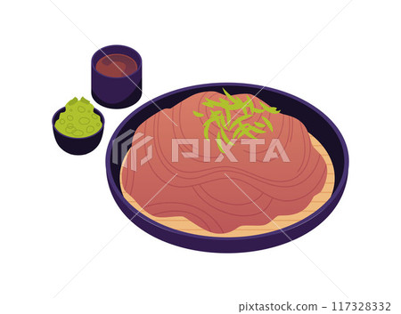 Fried noodles in a bowl with soy sauce and wasabi on an isolated background. Fried noodles in a bowl with soy sauce and wasabi on an isolated background. 117328332
